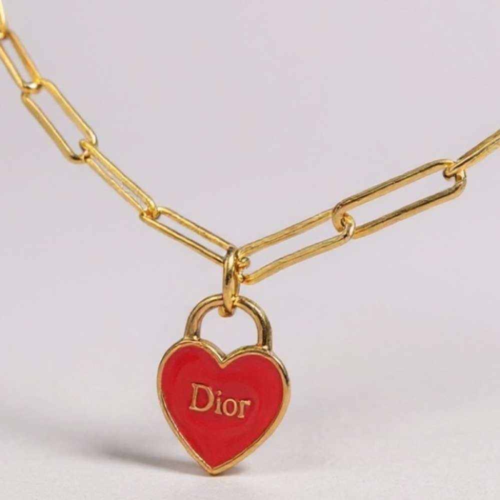 Authentic Dior Heart Charm Repurposed Necklace Gold Paperclip Chain